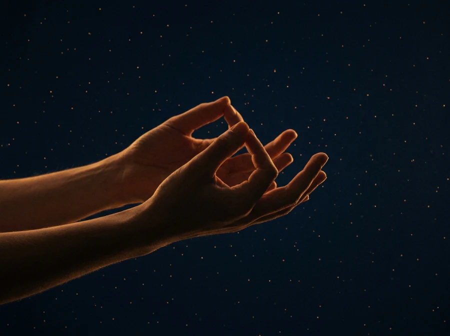 Silhueta de mãos formando um mudra, iluminadas por luz dourada